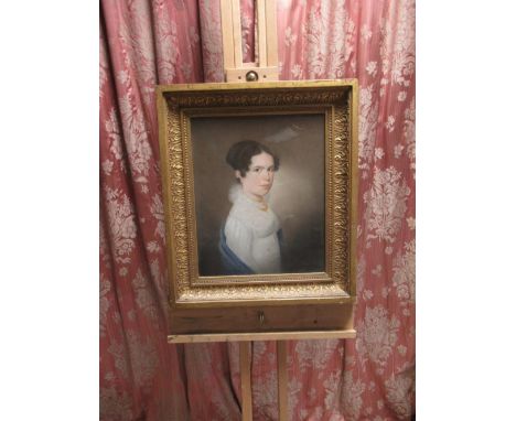 English School (C19th): Half length portrait of a lady with lace dress and yellow beads, 38cm x 31cm, 
