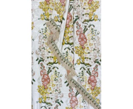 Three pairs of yellow floral curtains, a matching pelmet and a King size valance (8) 