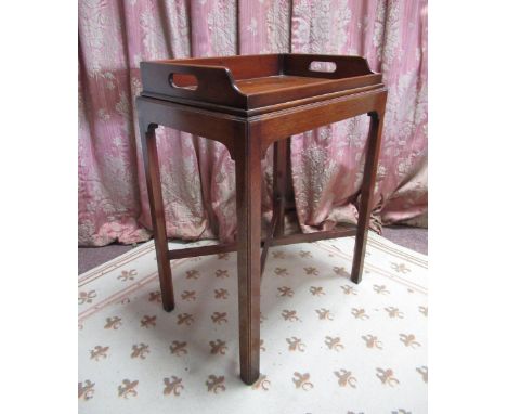 Small Chippendale style mahogany tray top side table, galleried top with pierced carry handles on square supports joined by X