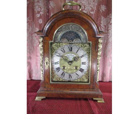 C18th style ormolu mounted figured walnut arched top bracket clock, arched brass dial with silvered Roman chapter Arabic five