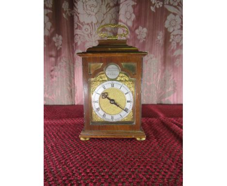 C20th miniature bracket clock, caddy top walnut case with brass handle and bun feet, rectangular brass dial with silvered Rom
