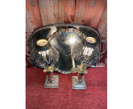 Pair of silver plate candlestick table lamps with silver plate shades on stepped beaded bases, H33cm, a two handled oval gadr