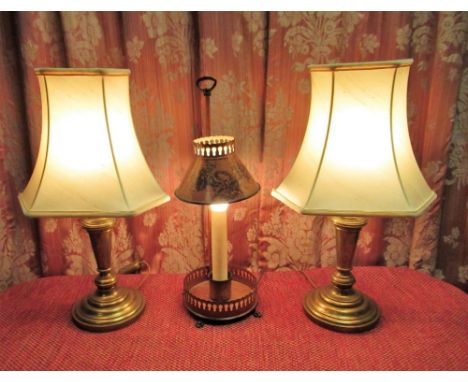 Brown toleware student's lamp on four paw feet with adjustable shade H44cm, and a pair of patinated brass candlestick table l