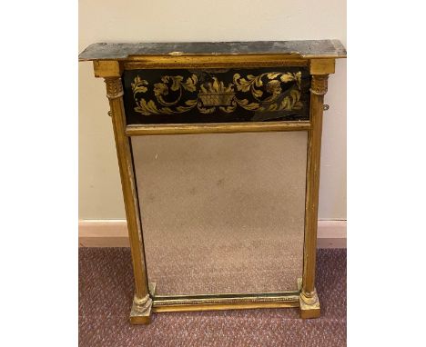 Small Regency wall mirror, upper right plate with Verre Eglomise frieze enclosed by acanthus capped fluted columns W44cm H65c