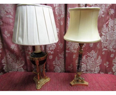 Regency style gilt metal table lamp, the central bowl on three rams head supports with hoof feet H38cm, cast gilt metal and m