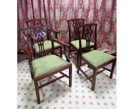 Set of eight Edwardian Chippendale Revival mahogany dining chairs with serpentine top rail, interlaced vase shaped splat and 