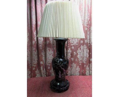 Chinese style two light table lamp, the baluster body with flared neck decorated with mother of pearl figures in a garden lan