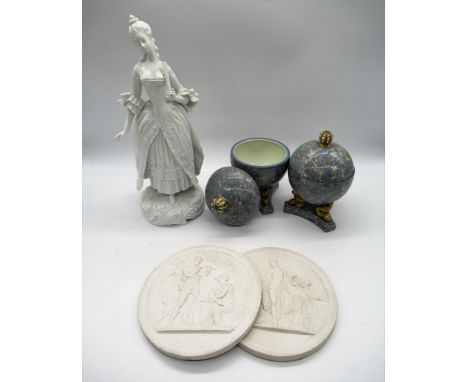 Pair of Regency style marbleised glazed egg shaped vases and covers, with jewelled finials on three gilt serpent supports and
