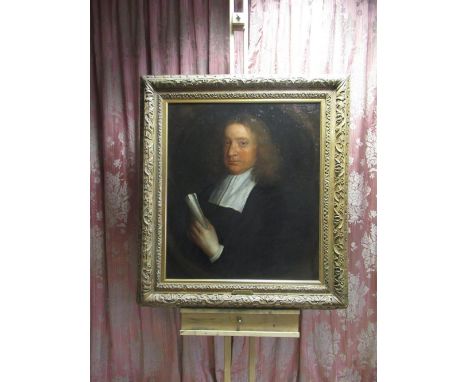 English School (late C18th): Head and shoulder portrait of William Alexander of Needham Market, died 1681 with cravat holding