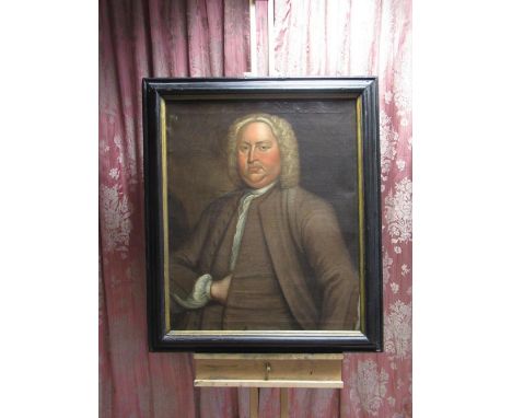 English School (C18th): Half length portrait of a gentleman with grey wig and white cravat, oil on canvas, W73cm L60cm 