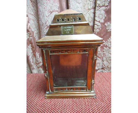 Limehouse Lamp Co copper bulkhead caddy top candle light, three glazed panels and hinged door, H30cm W19cm 