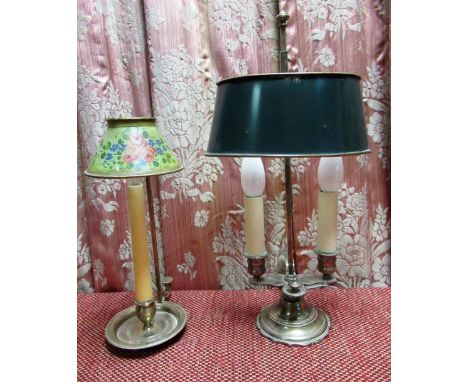 C19th style electroplated two light library lamp on stepped circular base and a similar student's single light lamp, both wit