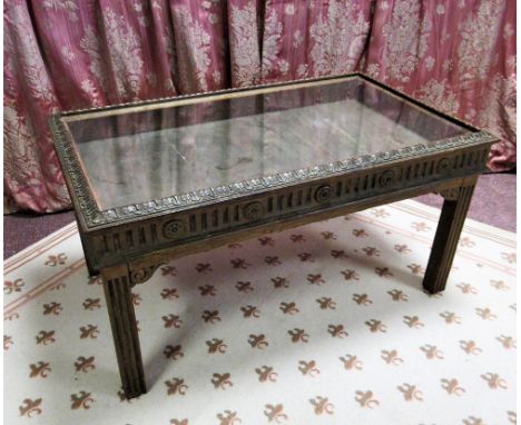Chippendale revival rectangular bijouterie table with inset glass top, moulded edge and reeded frieze on square tapered flute