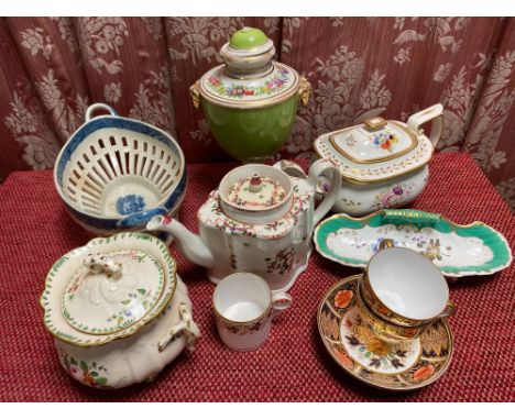 English porcelain silver shaped teapot decorated with floral sprays with gilt borders, painted No.2/26, a Newhall teapot, pai