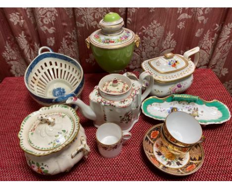 English porcelain silver shaped teapot decorated with floral sprays with gilt borders, painted No.2/26, a Newhall teapot, pai