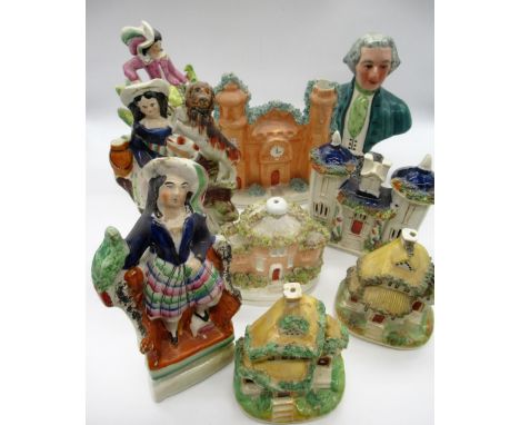 Collection of C19th and later Staffordshire models including Bonnie Prince Charlie with bird of prey (2), one cottage pastel 