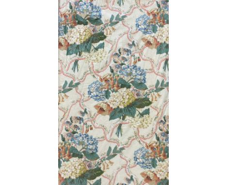 Two pairs of pastel floral decorated curtains L90" W72" 