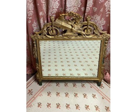 French Louis XVI carved giltwood wall mirror, rectangular plate in beaded border with torch, quiver and bird pierced cresting