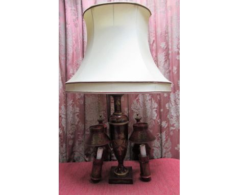 Regency style red toleware urn shaped table lamp on square base with shade and two similar wall lights, H28cm max (3) 