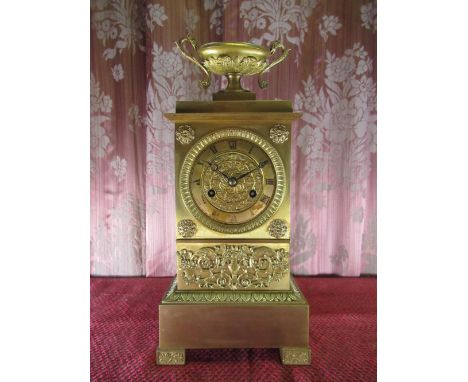 C19th French ormolu and gilt metal mantel clock, rectangular case with tazza cresting and circular Roman dial, twin train mov