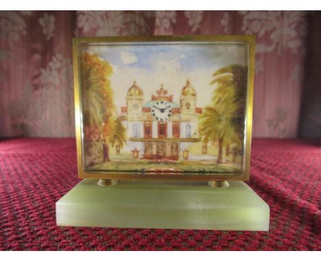 C20th miniature clock picture, rectangular dial painted with a twin tower building, on rectangular onyx base, stamped AI 56 2
