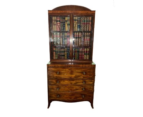 Geo. III mahogany secretaire bookcase, cross banded and outlined with ebonised stringing, arched cresting above two Gothic as