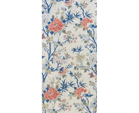 Pair of blue and coral floral decorated curtains L84" W124" 