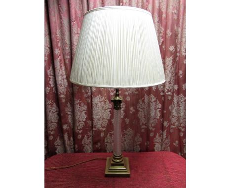 C20th Vaughan brass and wrythen glass column table lamp on stepped square base with pleated shade, H60cm 