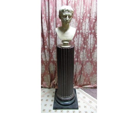 C19th plaster head and shoulder portrait bust of a young man, on socle, H55cm on faux porphory column, H157cm (2) 