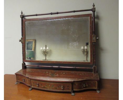 Large Edwardian Sheraton Revival mahogany dressing mirror, rectangular plate on bow break front base with three drawers, bras