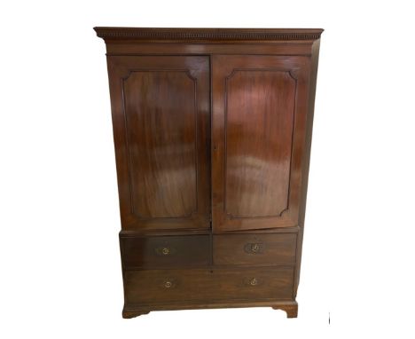 Geo. III mahogany linen press, dentil cornice above a pair of ovolo molded panel doors, two faux short and one long drawers o