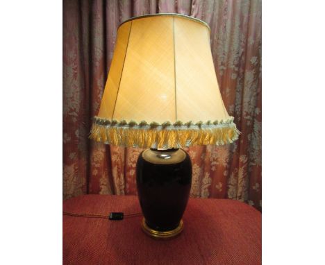 French style porcelain table lamp, the ginger jar shaped body on stepped giltwood base with fringed shade,  H50cm 