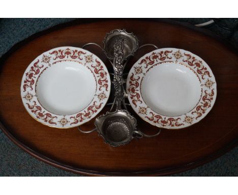 Vintage wooden serving tray together with a pewter plate carrier