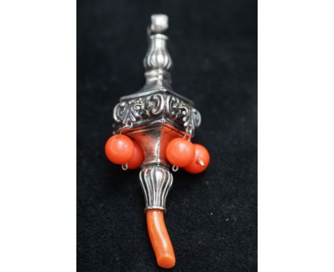 Victorian coral rattle &amp; teething ring silver 