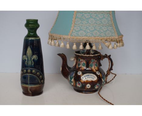 Bargeware teapot converted into a lamp with salt glazed vase 