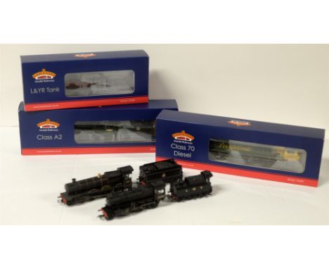 A Bachmann 00-gauge Class A2 locomotive; a Bachmann Class 70 diesel locomotive; and three other Bachmann locomotives; in boxe