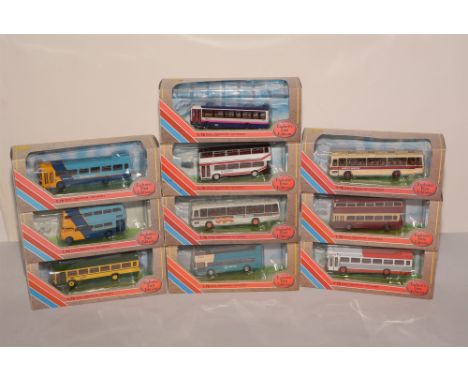 Die-cast model buses by Exclusive First Editions, in bubble-packs. (10)