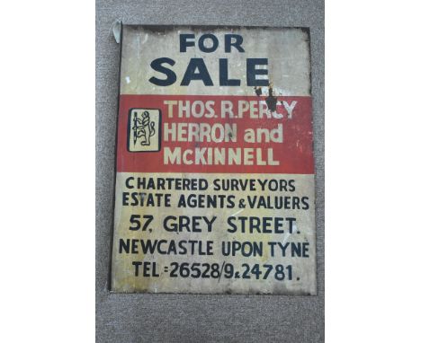 Painted enamel sign, for Thomas R. Percy, Herron and McKinnell, Newcastle upon Tyne, inscribed 'FOR SALE', double sided, 51 x