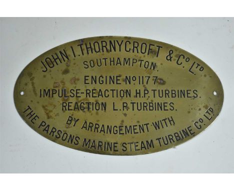 Engine Builder's Plate: Thornycroft No. 1177 is from sloop HMS PELICAN built in 1939, steam turbines 3600 ship with two shaft