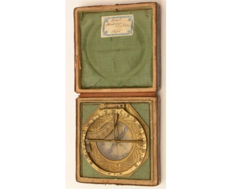 An 18th Century German brass portable equinoctial compass sundial, Andreas Vogler, Augsburg, the recessed compass centre with