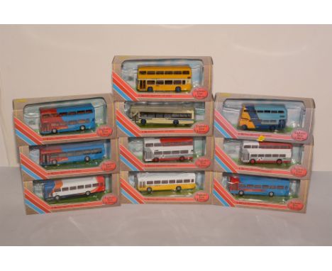 Die-cast model buses by Exclusive First Editions, in bubble-packs. (10)