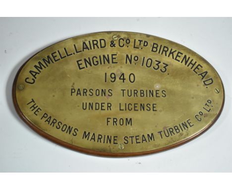 Engine Builder's Plate: Cammell Laird No. 1033 is from cruiser HMS DIDO built in 1940, steam turbines 62,000 shp with four sh