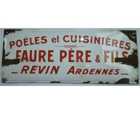 French enamel sign, 'Poeles et Cuisinier, Faure Pere &amp; Fils, Revin Ardennes', 50 x 20cms.