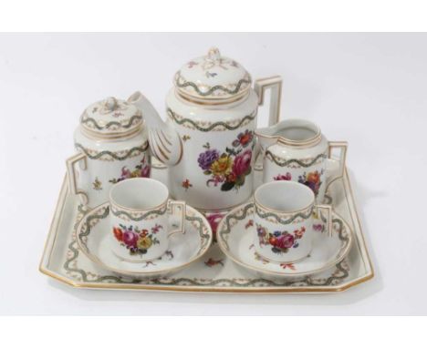 Late 19th century Vienna porcelain cabaret coffee set with painted floral sprays - comprising coffee pot, milk jug, sucrier a
