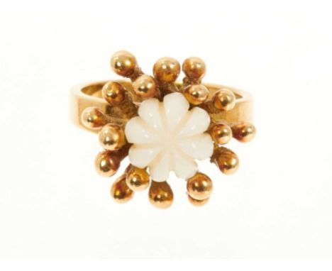 1970s 18ct gold cocktail ring by John Donald, the modernist design with central carved white coral bud within beaded gold org