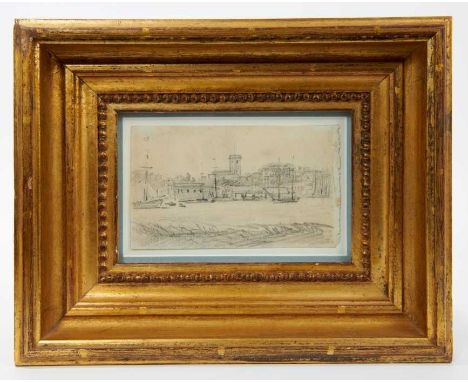 John Constable (1776-1837) pencil drawing on laid paper - A Church on an Estuary, 9.5cm x 16.5cm, in glazed gilt frame.NB: th