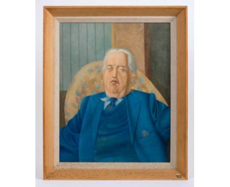 Francis Plummer (1930-2019) egg tempera on board - portrait of a gentleman in blue suit, unsigned, framed, 47cm x 37cmExhibit