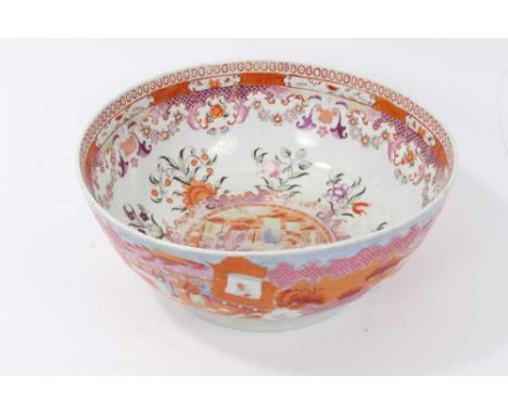New Hall punch bowl, circa 1800, decorated with the 'Boy at the Window' pattern, 31.5cm diameter