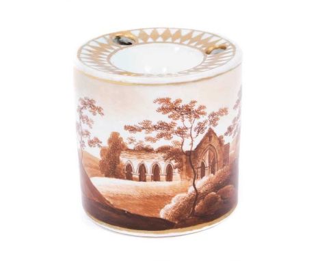 Chamberlain's Worcester drum shaped inkwell, circa 1810, painted in sepia with landscape scenes, inscribed mark to base, 6.5c