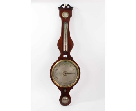 19th century banjo-shaped barometer thermometer by Gudgeon , Abbey Gate Street,Bury St Edmunds in inlaid mahogany case 105cm